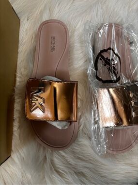 Michael Kors Metallic Rose Gold Slide Sandals